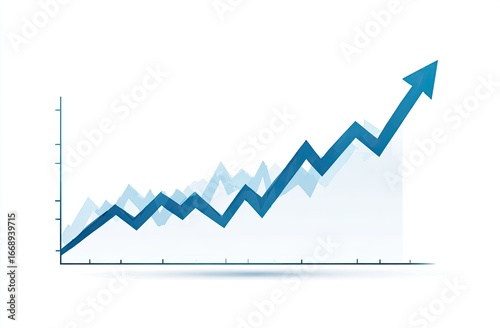 Ascending blue line graph with shadow, showing upward trend and growth over time, on a white background