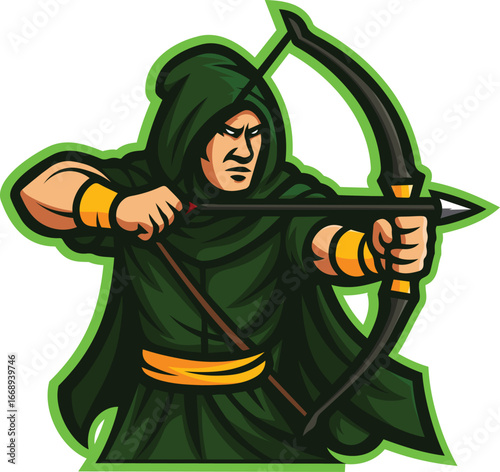 Intense archer in green cloak aiming with bow and arrow for fantasy sports team emblem design