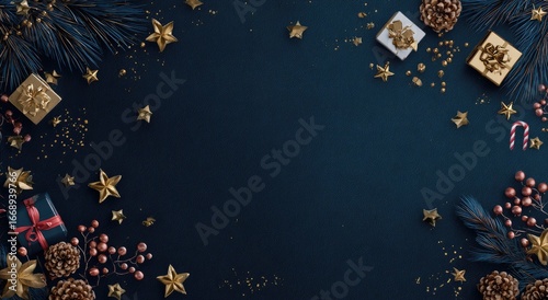 Fototapeta Naklejka Na Ścianę i Meble -  Navy backdrop with gold stars, pine, gifts, berries, and candy canes forming a border around a central empty space