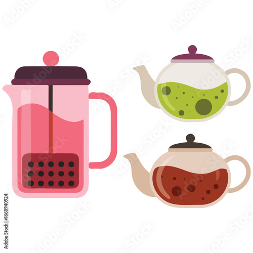 Set teapots French Press cups glass teapots different tea isolated vector illustration on white background