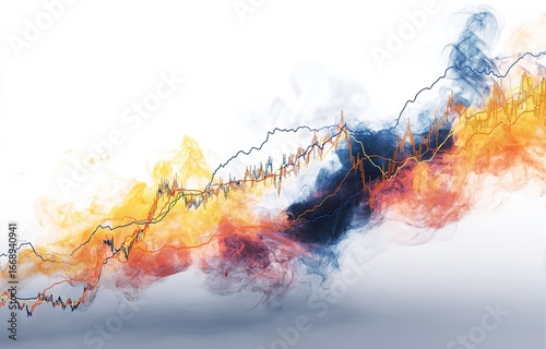 Abstract stock market chart overlaid on colorful smoke, depicting upward trend and volatility