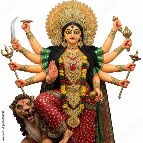 Goddess Durga Riding Lion – Powerful Divine PNG Illustration on Transparent Background