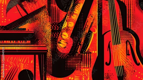 Abstract Red and Black Jazz Music Instruments Poster