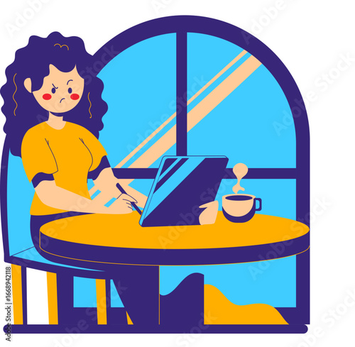 A young woman with curly hair sits at a round table, focused on her digital tablet, with a steaming cup of coffee beside her, framed by a large arched window.
