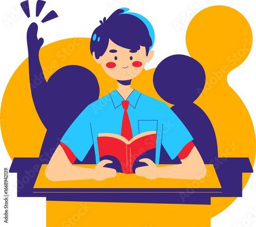 A young student with a bright smile sits at a desk, engrossed in reading a book, with another student's raised hand visible behind him, signifying participat...