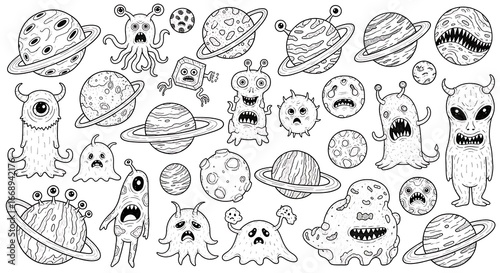 A Whimsical Collection of Cartoon Aliens and Planets, Illustrated in Black and White