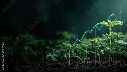 Growing cannabis plants illuminated, superimposed with an upward trending graph, suggesting growth and market potential