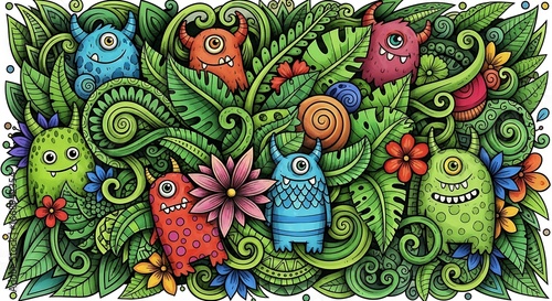 Whimsical Monster Garden A Colorful Illustration of Playful Creatures Amidst Lush Foliage