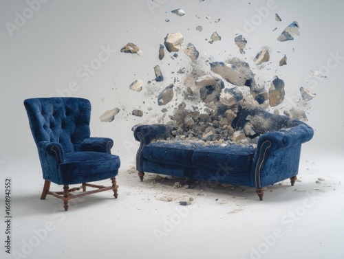 Navy Blue Sofa and Armchairs Exploding into Fragments on White Background 
