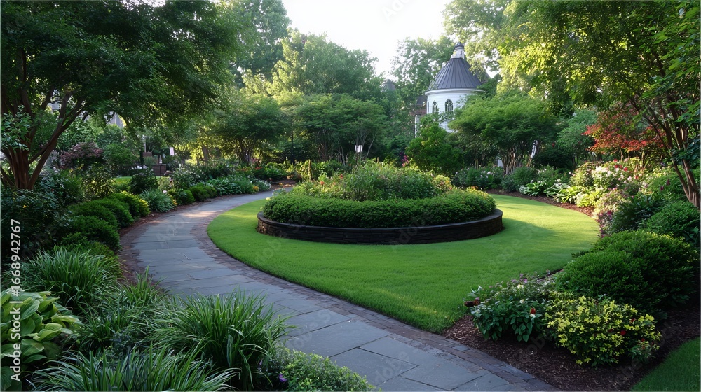 Obraz premium Serene garden path meanders through lush greenery with vibrant flowers and a charming structure in the background.