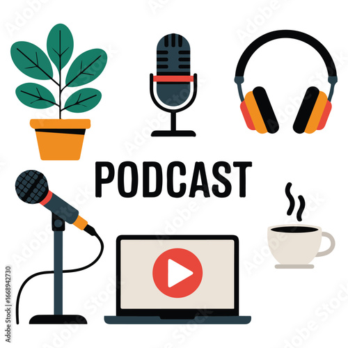 Podcast recording set microphone stand coffee headphones isolated vector illustration on white background