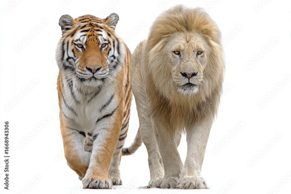 Obraz premium Lion and tiger walking side by side isolated on white background close-up