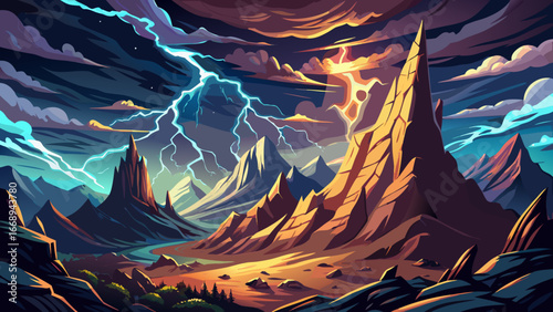 Lightning Striking Dramatic Mountain Backdrop
Thunder shakes the heavens, jagged lightning crowns rocky peaks, storm clouds swirl above towering cliffs, raw power electrifies the landscape, untamed fu