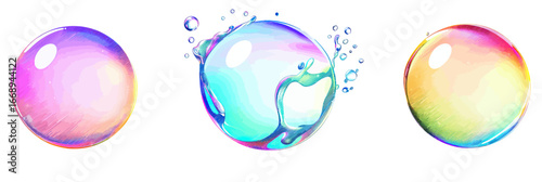 Colorful realistic soap bubbles with glossy rainbow reflections isolated on white background in minimal style set including bursting bubble with splash droplets vector illustration