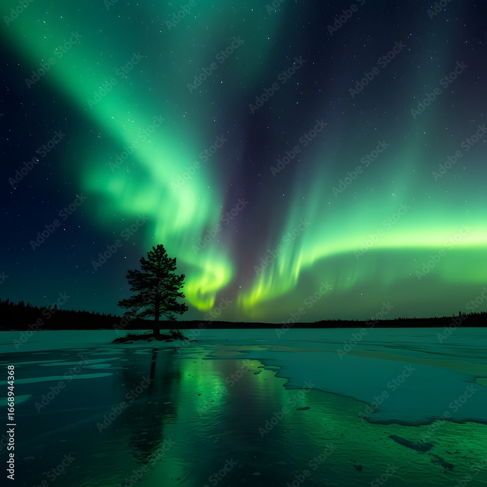 Naklejka premium Vibrant green aurora borealis dances in the starry night sky over a frozen lake