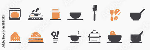 Flat minimalist vector set of cooking and baking icons including oven mitt, stove, jar, bowl, fork, pepper, mortar and pestle, bread, buns, whisk, soup, and grater symbols in black and orange colors