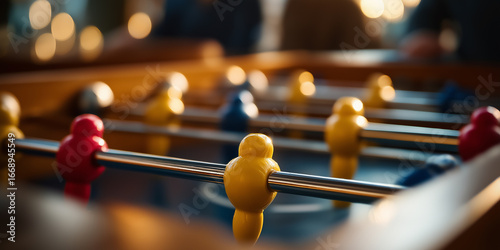 Colleagues playing foosball in office break time