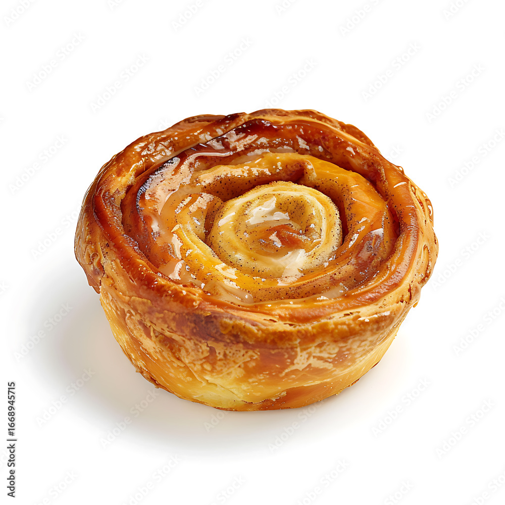 Fototapeta premium Golden Cinnamon Roll with Swirled Filling and Glaze