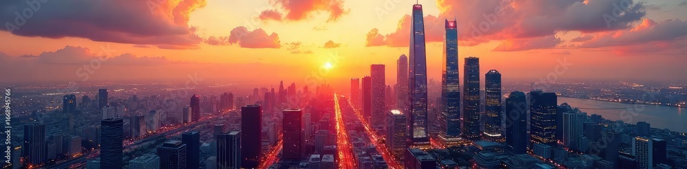 Fototapeta premium Sleek modern skyscrapers pierce a vibrant cityscape at sunset, casting long shadows across the bustling streets below A stunning display of urban architecture and design , buildings, cityscape