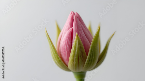 A closeup of a pink flower bud with green sepals against a white background