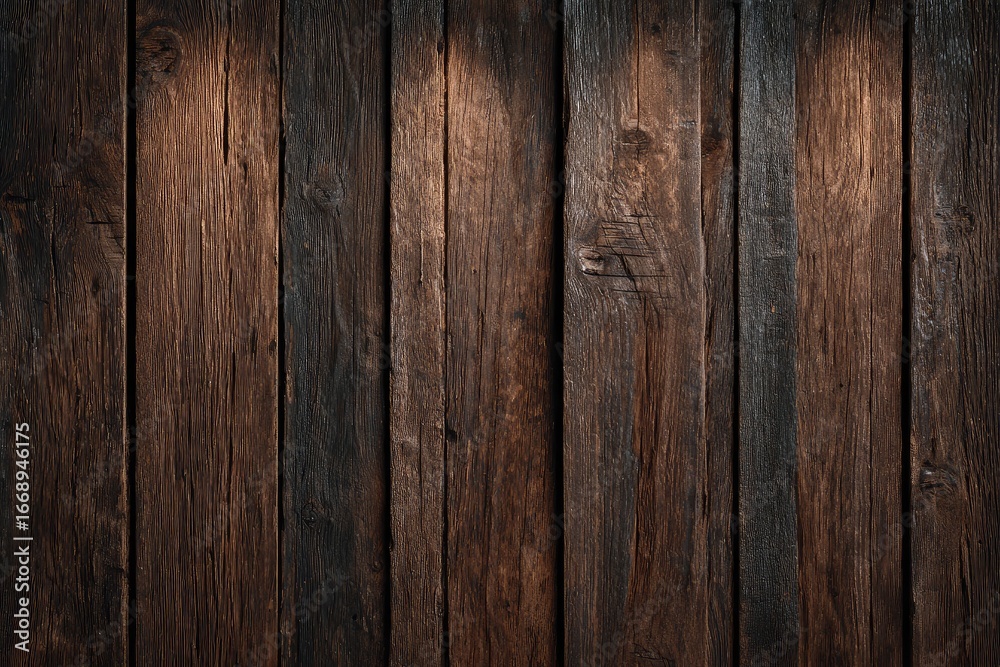 Naklejka premium Dark brown vertical wood planks, varying shades and textures, subtly lit