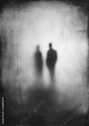Two blurred, shadowy figures stand indistinctly within a foggy, textured, monochromatic frame, evoking mystery and ambiguity