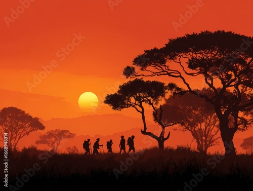 Silhouette of People Walking at Sunset in African Savanna