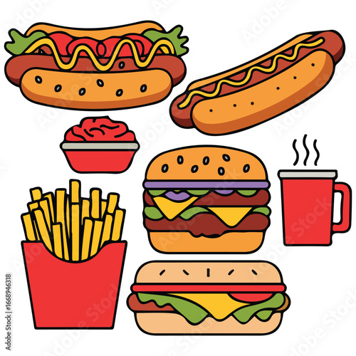 Fast food collection fatty highcalorie harmful food isolated vector illustration on white background