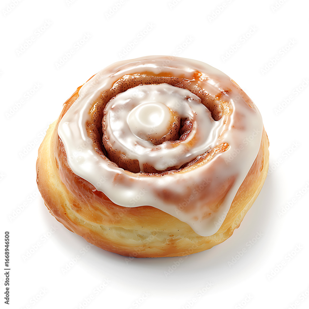 Fototapeta premium A freshly baked cinnamon roll topped with a generous layer of white icing, presented against a clean white background.