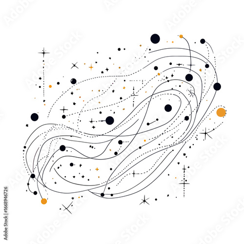 Abstract cosmic constellation map with interconnected black and orange stars and dotted curved lines on white background for futuristic universe visualization and space concept design