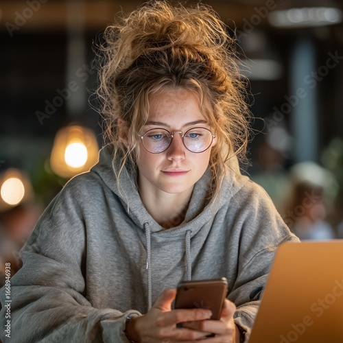 Girl in a gray sweater near a laptop looking at a smartphone