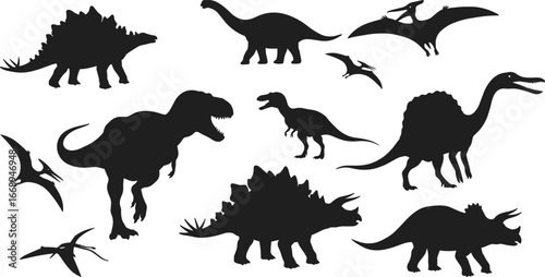 Silhouette vector illustration of different dinosaurs, prehistoric creatures in various poses, isolated black shapes, flying and walking species, dinosaur graphic elements pack.