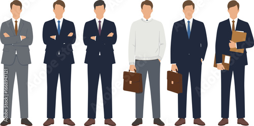 Businessmen in formal office wear holding folders and briefcases, vector illustration for corporate presentations, team visuals, and professional marketing materials.