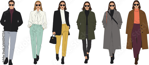 WebStreet style fashion vector illustration, modern men and women outfit collection, casual and trendy clothing, faceless stylish figures in seasonal fashion.