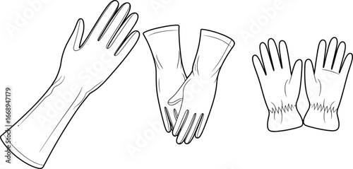 Vector fashion illustration of different glove designs, including long gloves, wrist gloves, protective gloves, black and white sketch, front view, detailed line art.