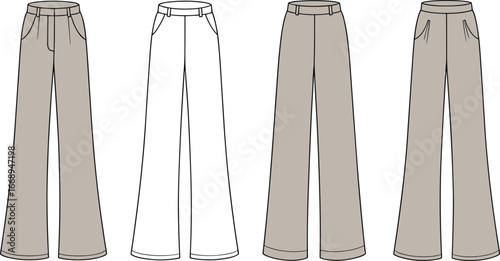 Vector fashion flat sketch of wide-leg pants with front pockets, belt loops, high waist, casual and formal styles, front and back views illustration.