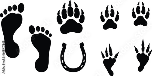 Silhouette vector illustration of diverse footprint and animal tracks, including human, bear, horse, and raccoon prints, ideal for outdoor, wildlife, or nature themes.