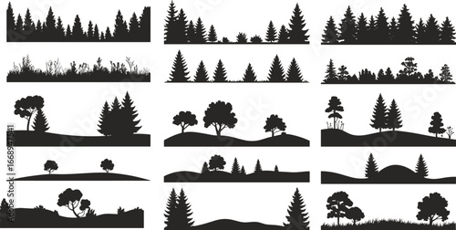 Vector forest landscape silhouettes, tree line set, nature scene elements, pine woods, outdoor scenery, foliage illustration, black trees, woodland shapes