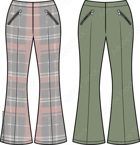 Vector fashion illustration of flared pants with zip pockets, plaid and solid color design, front and back views for garment mockup