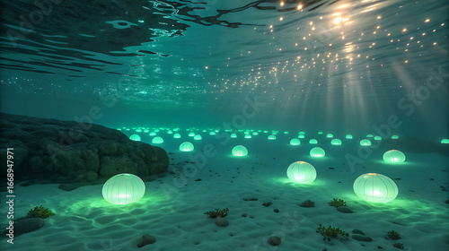Fototapeta Naklejka Na Ścianę i Meble -  Underwater scene with glowing spheres on the ocean floor