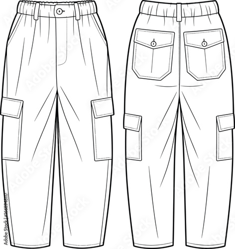 Vector illustration of cargo pants design, front and back view, fashion technical flat sketch for apparel, utility trousers, clothing template mockup