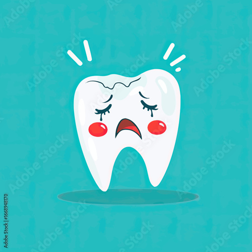 Sad cracked tooth with cavity and pain expression cartoon vector illustration on blue background in flat minimalist style for dental health concept design