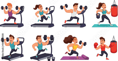 Fitness training, gym workout, treadmill exercise, weightlifting, boxing practice, healthy lifestyle, strength training, sports motivation, cartoon illustration