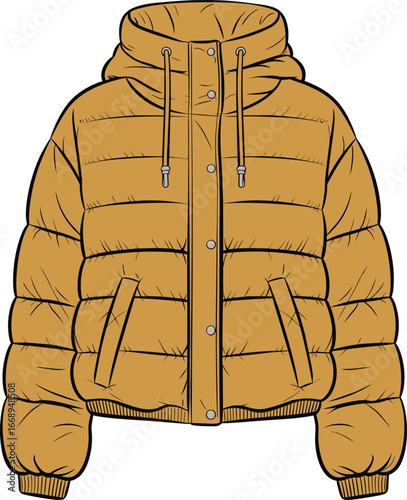 Winter puffer jacket illustration with hood and front pockets, warm padded outerwear, casual streetwear fashion design, vector clothing flat drawing template