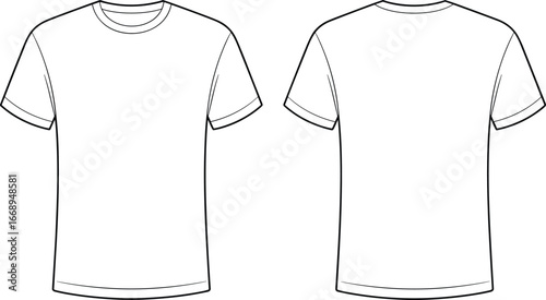 Blank white t-shirt vector illustration, front and back fashion flat sketch template, unisex basic tee design for print mockup and apparel layout