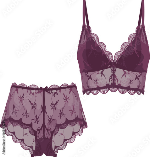 Lace lingerie set vector illustration, bralette and high-waisted panties fashion flat sketch, detailed floral lace design, women’s underwear template drawing