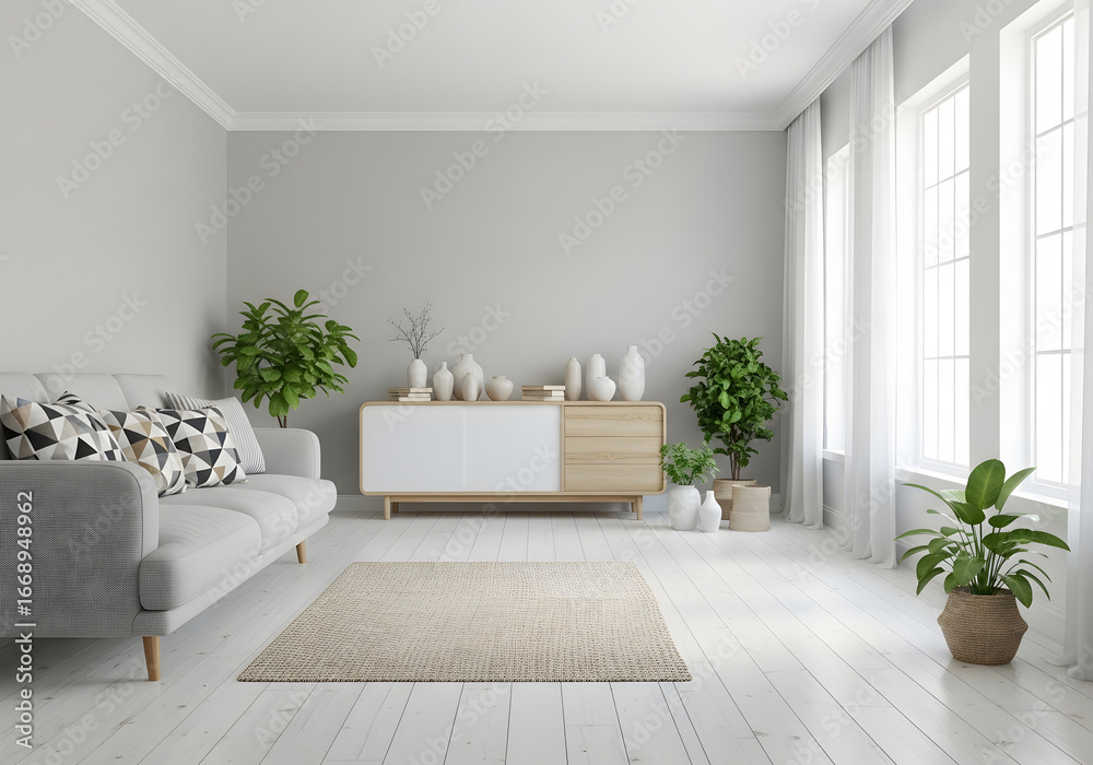 Fototapeta premium Bright interior with sofa, plants, and decor in a modern living room