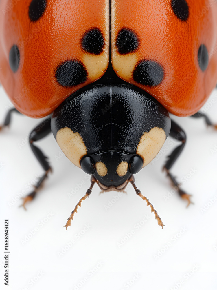 Fototapeta premium Top-down close-up of a ladybug on pure white background, bright orange-red elytra with distinct black spots, black head and legs, light yellow or beige markings on head/pronotum, light highlighting gl