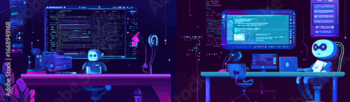 Artificial intelligence robot developers coding deep learning algorithms on computers in futuristic neon tech office workspace with digital interface screens
