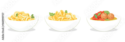 Three bowls of pasta meals with farfalle macaroni, rigatoni, and spaghetti with meatballs and tomato sauce in flat minimalist vector style isolated on white background
